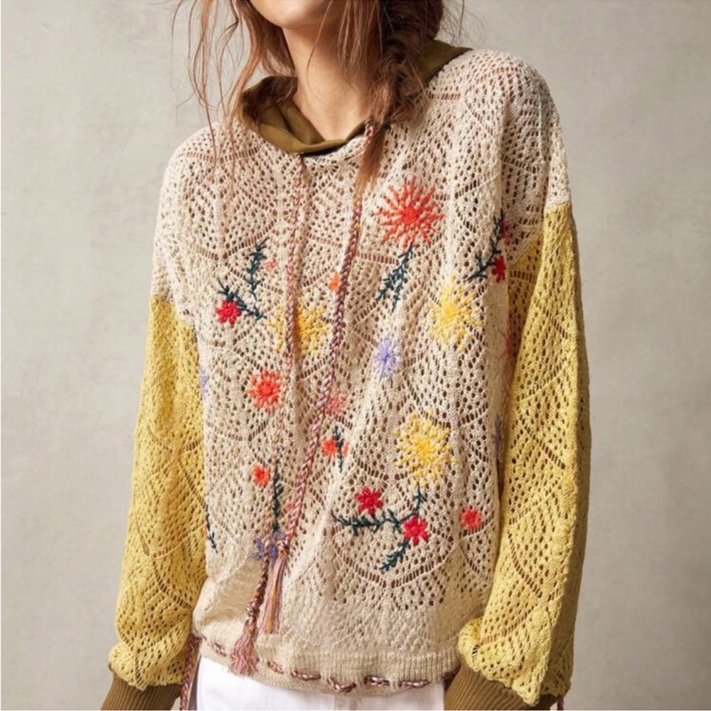 Boho Floral Print Color Block Hoodie Sweater Top S M L